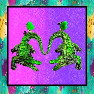 Vibrant Green Iridescent  Crocodile 🐊 Alligator Earrings! Handmade One of a Kind